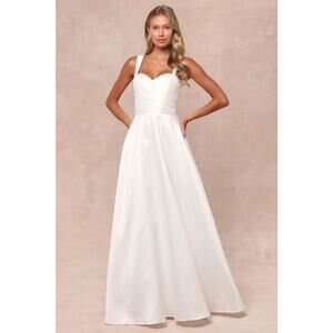Lulus Modern Affection White Taffeta Pleated Sleeveless Maxi Dress Bridal Size M